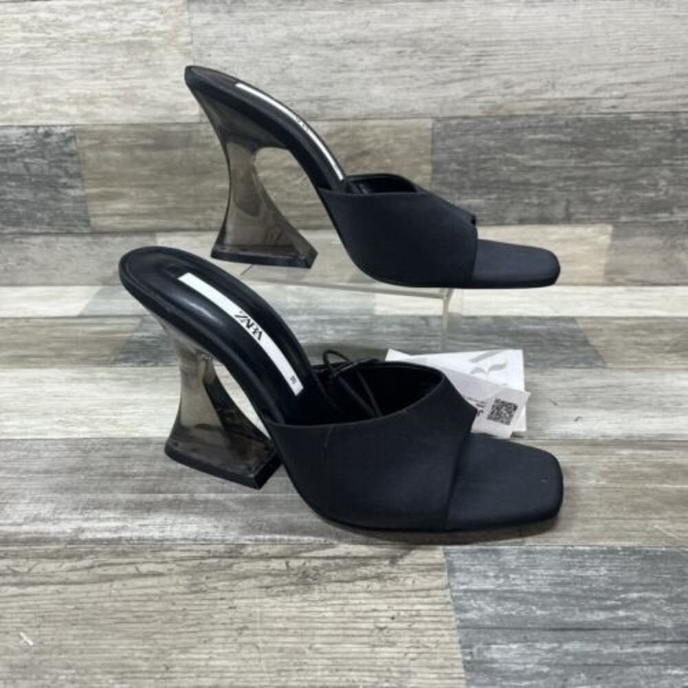 ZARA Heel Sandals Women’s 7.5 Black Methacrylate Open Toe 3663